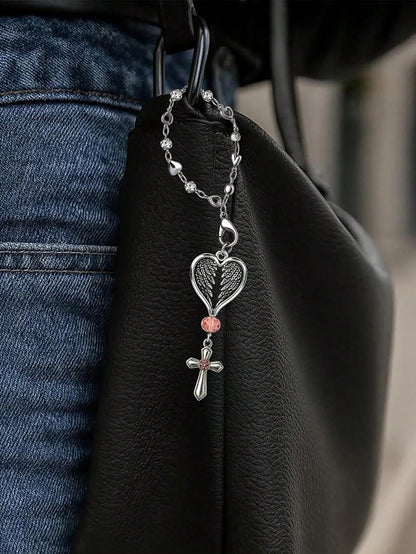 Guardian Heart Wing Cross Charm- Car/Steering Wheel/Handbag Pendant Silver Tone With Pink Crystal Elegant Decor For Auto Interior & Bag Accessory