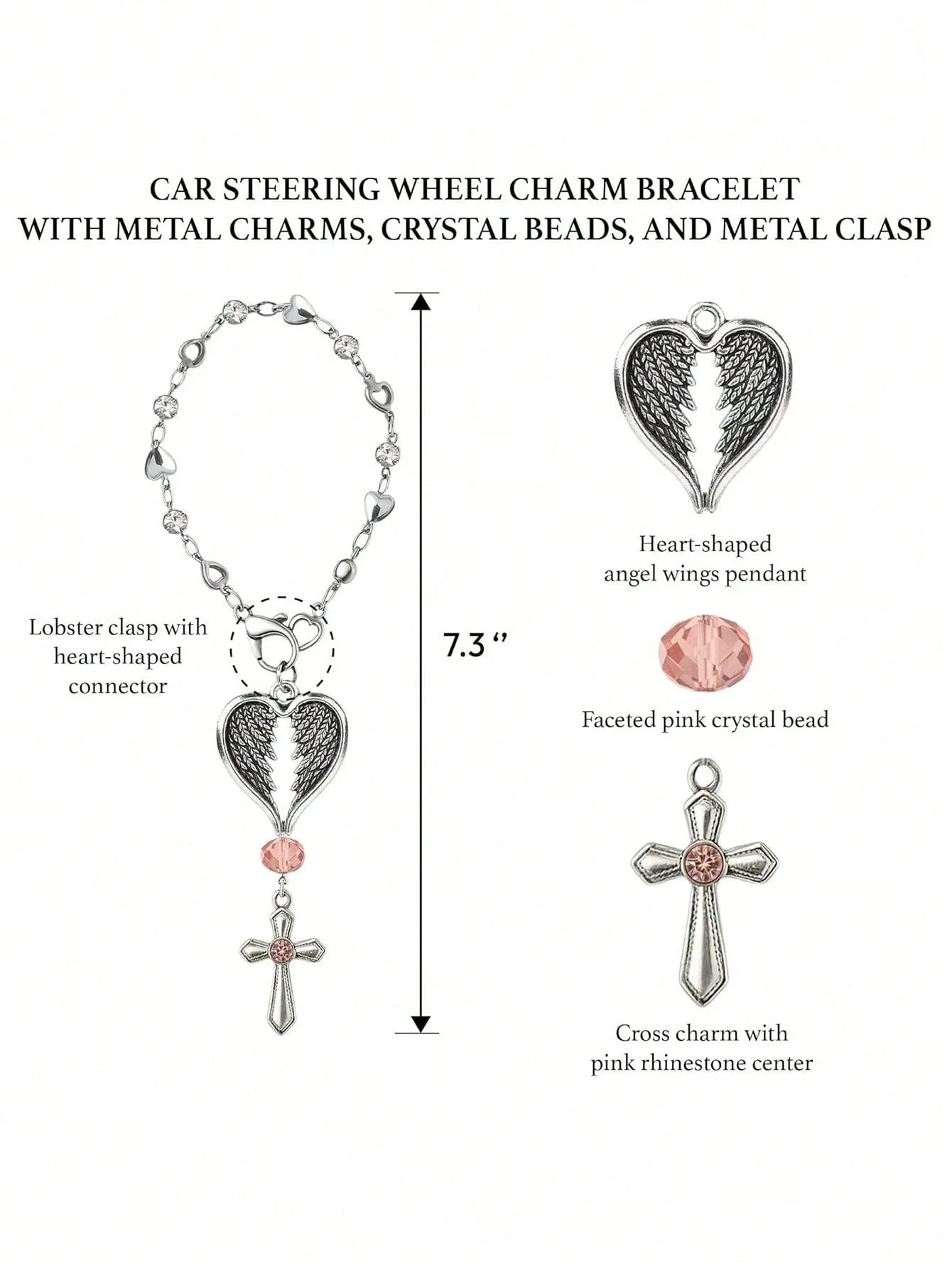 Guardian Heart Wing Cross Charm- Car/Steering Wheel/Handbag Pendant Silver Tone With Pink Crystal Elegant Decor For Auto Interior & Bag Accessory