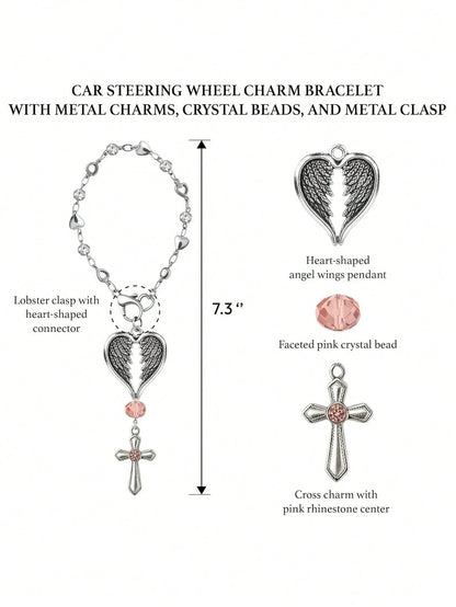 Guardian Heart Wing Cross Charm- Car/Steering Wheel/Handbag Pendant Silver Tone With Pink Crystal Elegant Decor For Auto Interior & Bag Accessory