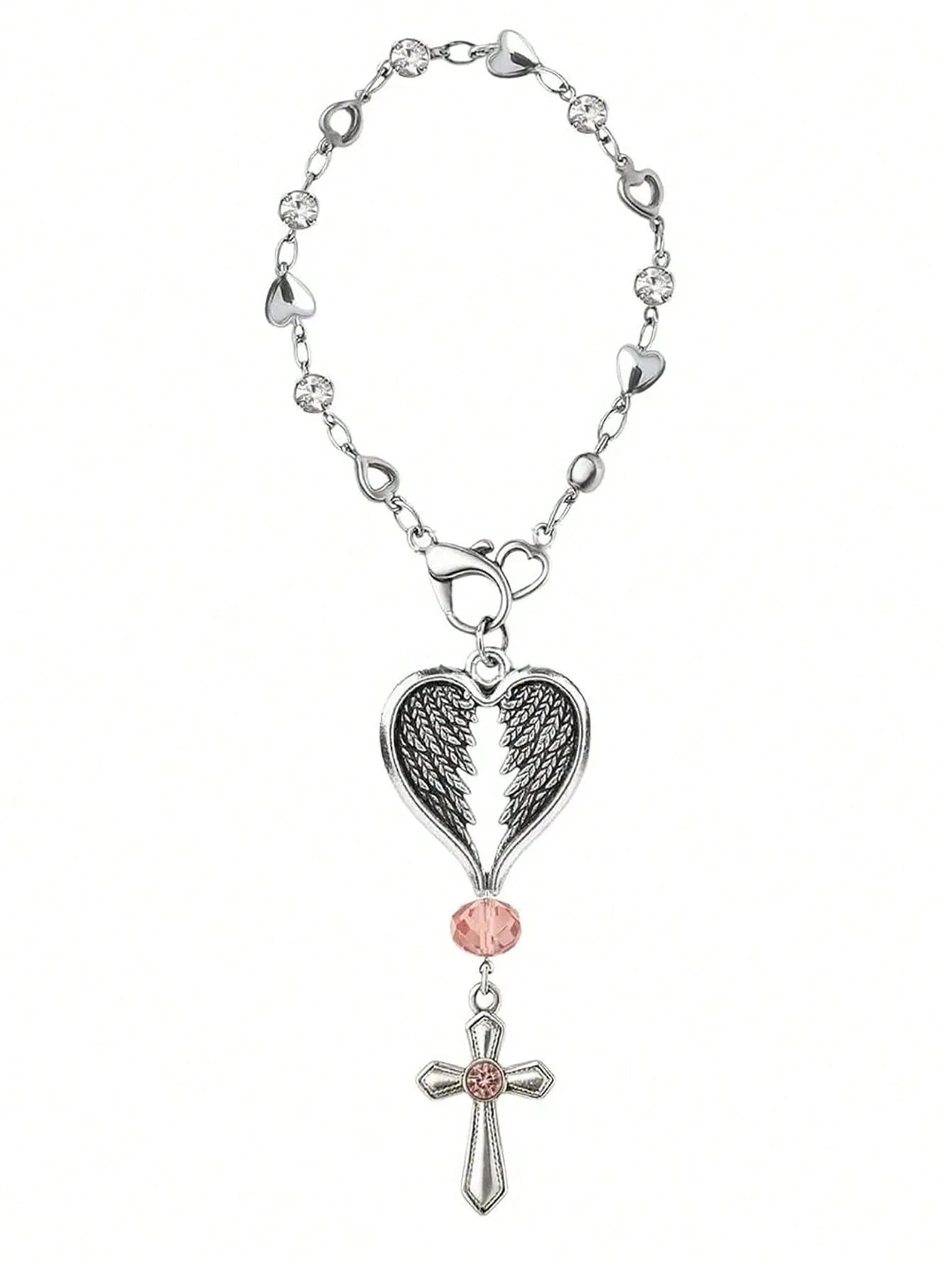Guardian Heart Wing Cross Charm- Car/Steering Wheel/Handbag Pendant Silver Tone With Pink Crystal Elegant Decor For Auto Interior & Bag Accessory
