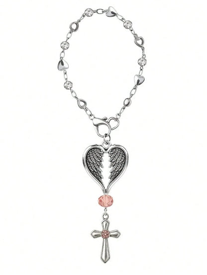 Guardian Heart Wing Cross Charm- Car/Steering Wheel/Handbag Pendant Silver Tone With Pink Crystal Elegant Decor For Auto Interior & Bag Accessory