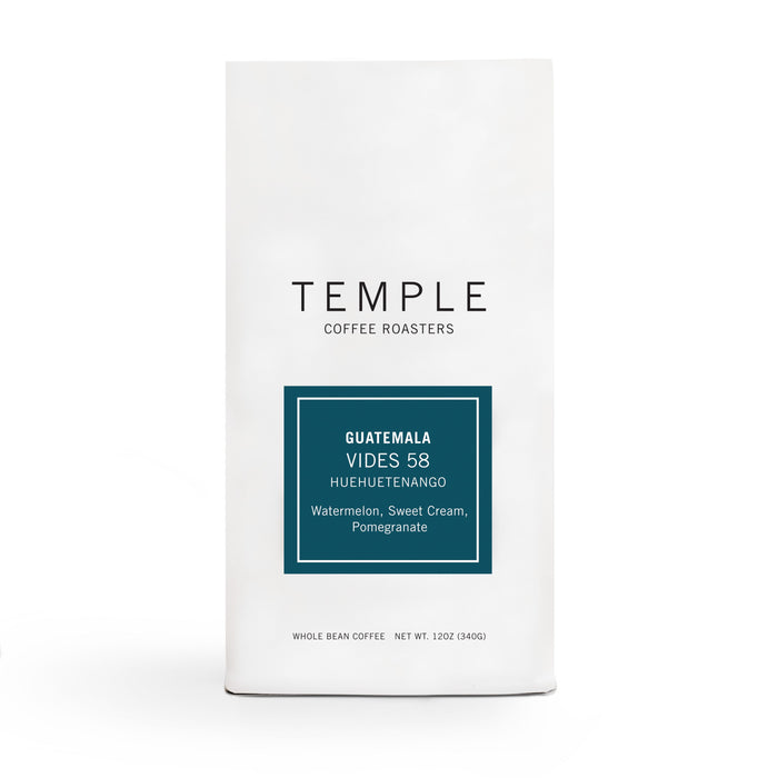 Temple Coffee Roasters Guatemala Vides 58 bag with teal label listing Watermelon Sweet Cream and Pomegranate