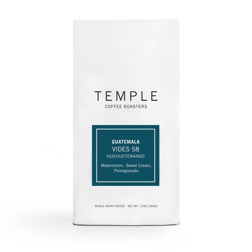 Temple Coffee Roasters Guatemala Vides 58 bag with teal label listing Watermelon Sweet Cream and Pomegranate
