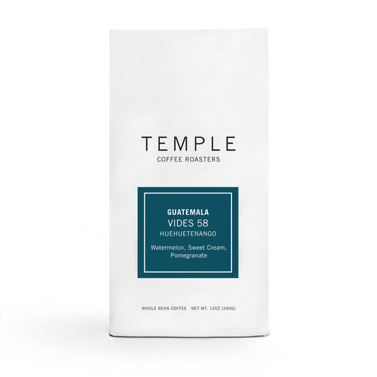Temple Coffee Roasters Guatemala Vides 58 bag with teal label listing Watermelon Sweet Cream and Pomegranate
