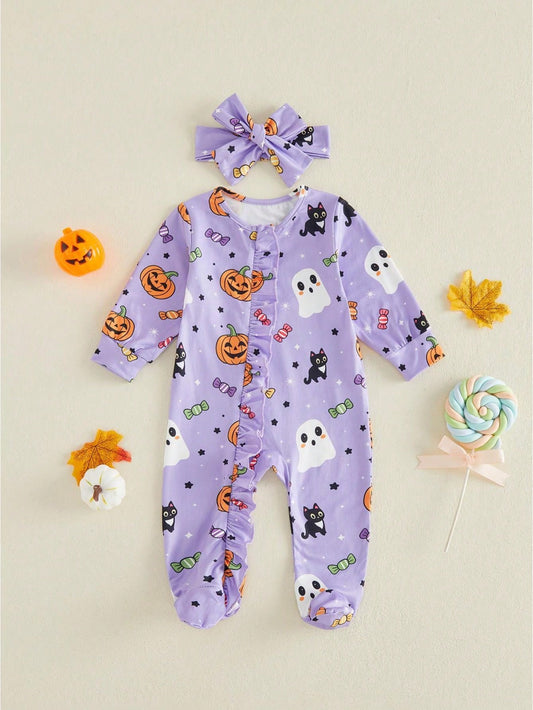 Halloween Baby Girls Footed Romper Pumpkin Ghost Print Ruffled Zipper Front With Headband 2Pcs Set For Fall