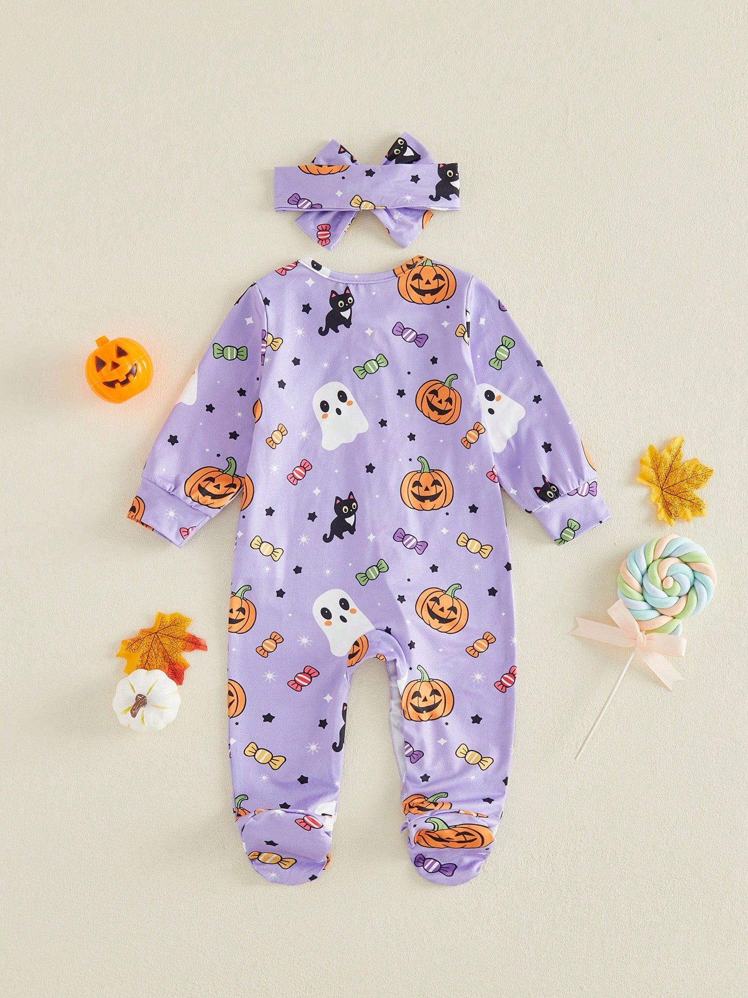 Halloween Baby Girls Footed Romper Pumpkin Ghost Print Ruffled Zipper Front With Headband 2Pcs Set For Fall
