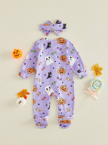 Halloween Baby Girls Footed Romper Pumpkin Ghost Print Ruffled Zipper Front With Headband 2Pcs Set For Fall