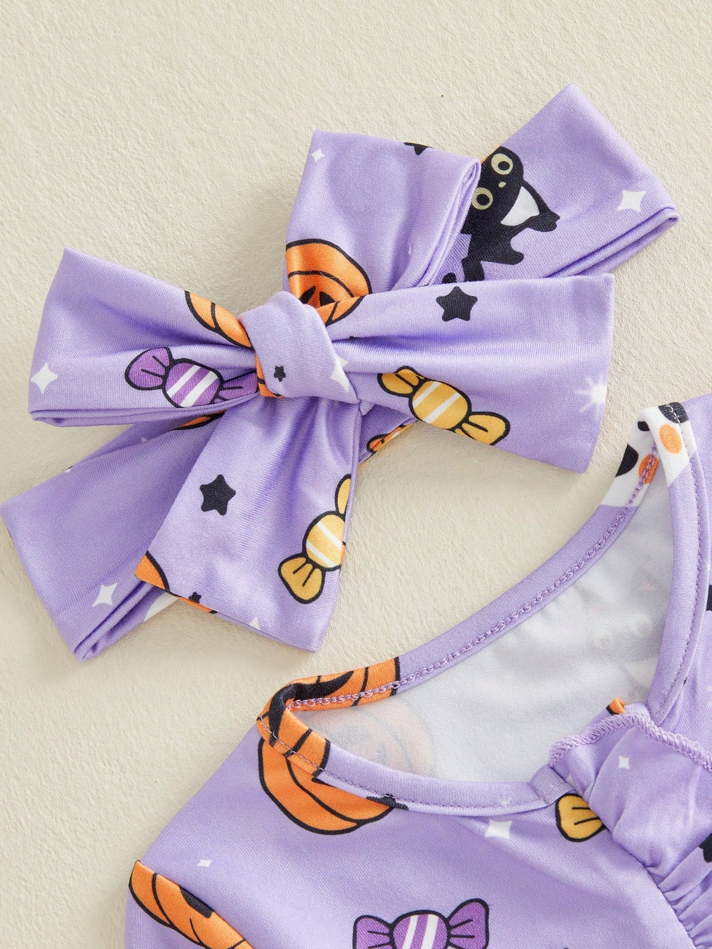 Halloween Baby Girls Footed Romper Pumpkin Ghost Print Ruffled Zipper Front With Headband 2Pcs Set For Fall