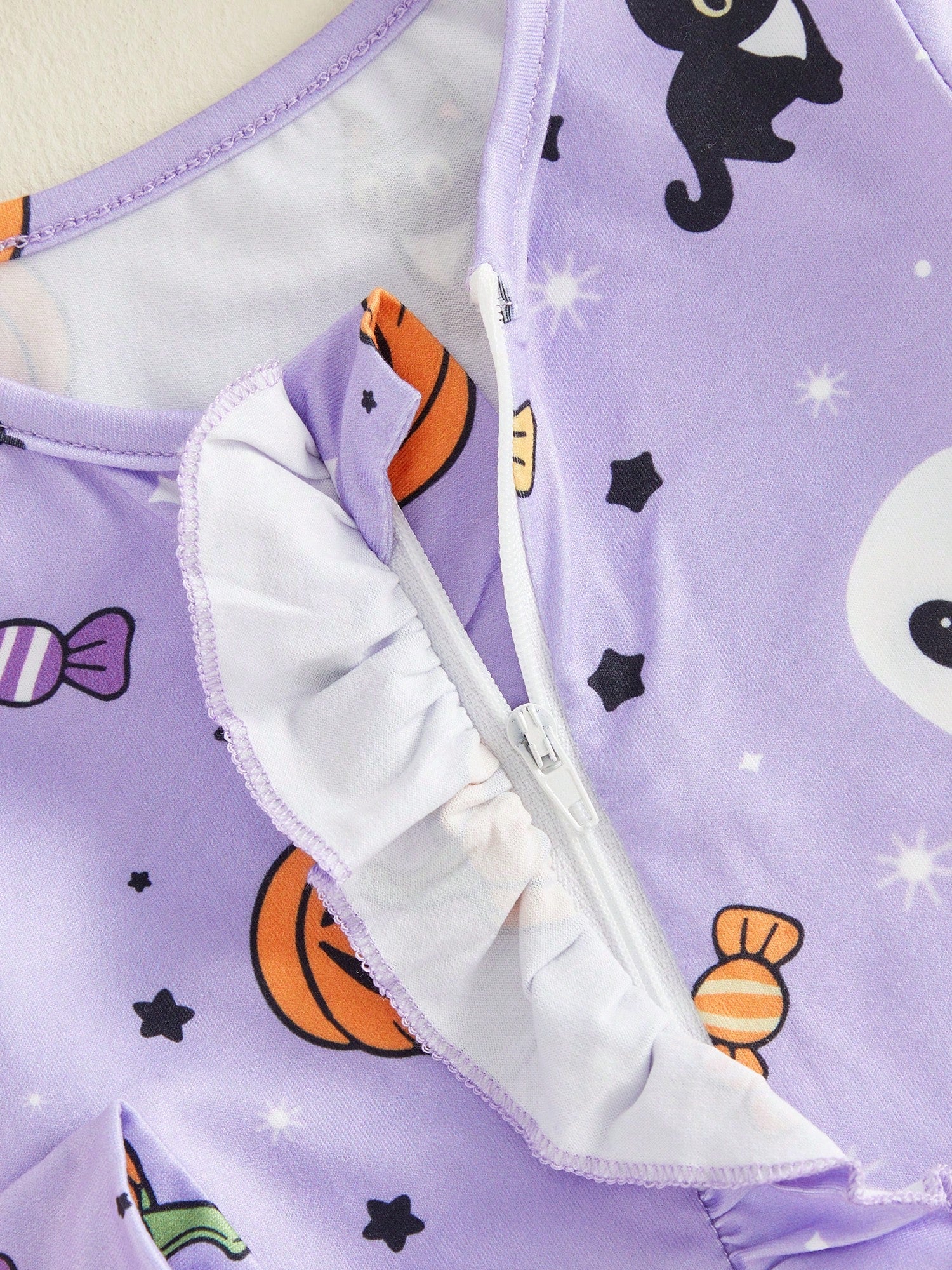 Halloween Baby Girls Footed Romper Pumpkin Ghost Print Ruffled Zipper Front With Headband 2Pcs Set For Fall