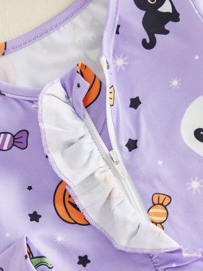 Halloween Baby Girls Footed Romper Pumpkin Ghost Print Ruffled Zipper Front With Headband 2Pcs Set For Fall