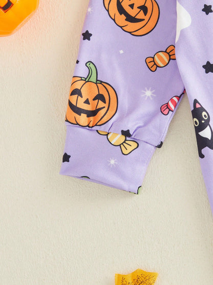 Halloween Baby Girls Footed Romper Pumpkin Ghost Print Ruffled Zipper Front With Headband 2Pcs Set For Fall