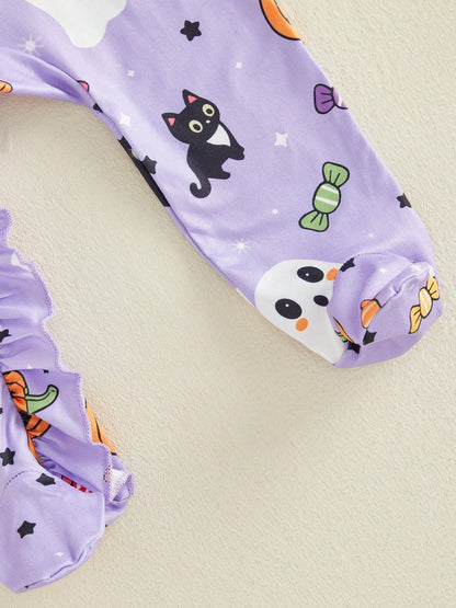 Halloween Baby Girls Footed Romper Pumpkin Ghost Print Ruffled Zipper Front With Headband 2Pcs Set For Fall