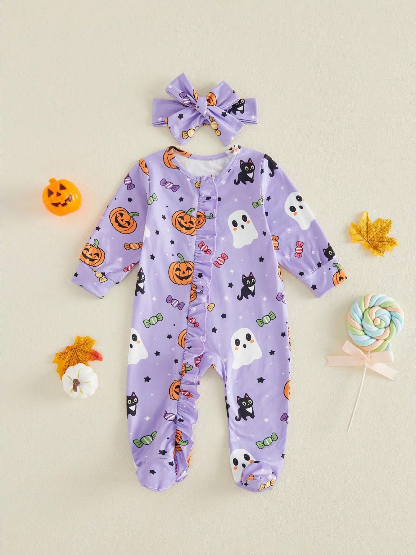Halloween Baby Girls Footed Romper Pumpkin Ghost Print Ruffled Zipper Front With Headband 2Pcs Set For Fall