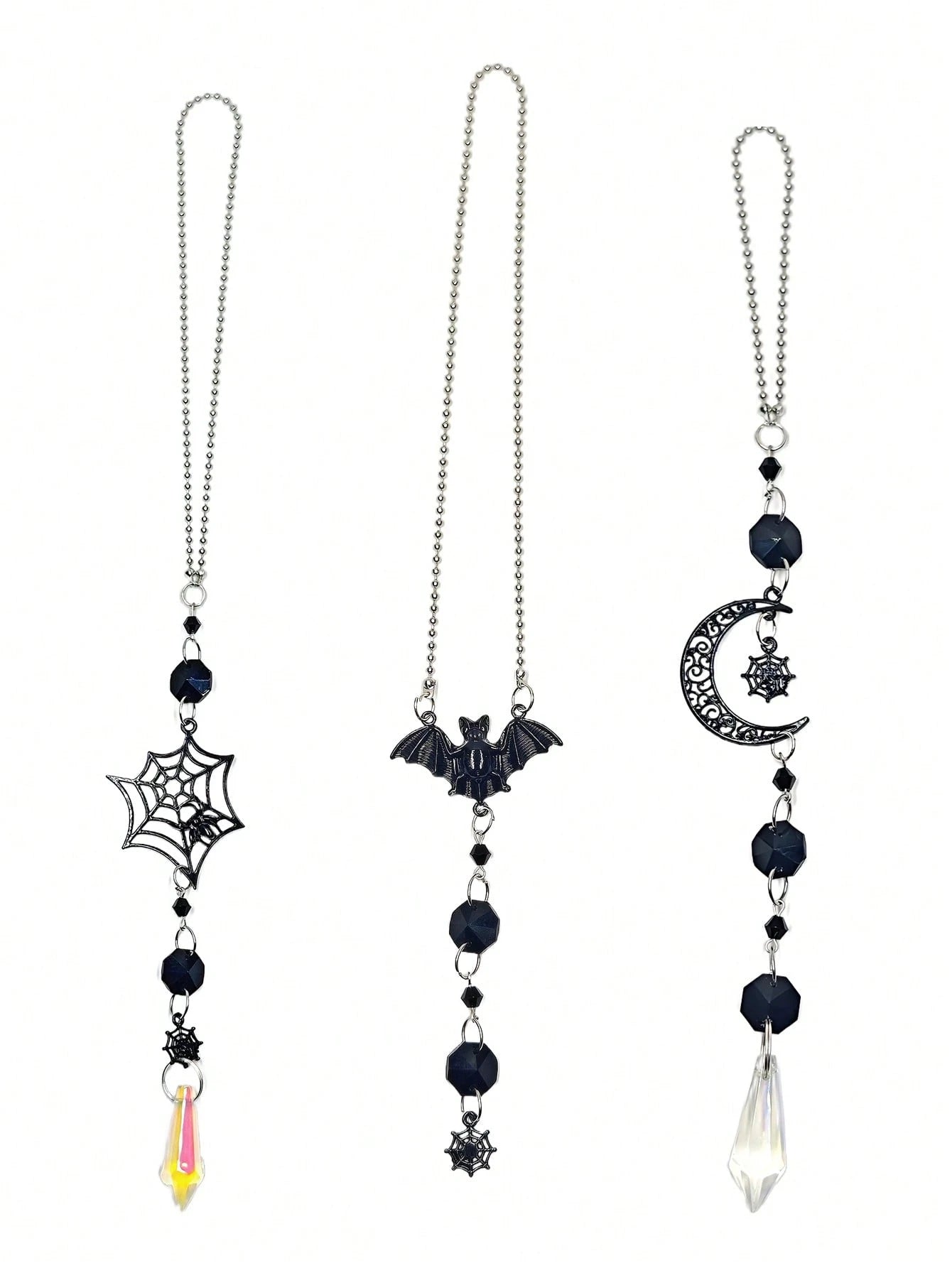 Halloween Gothic Car Rearview Mirror Hanging Ornament Black Moon Spider Web Crystal Suncatcher For Car Interior Decoration