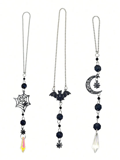 Halloween Gothic Car Rearview Mirror Hanging Ornament Black Moon Spider Web Crystal Suncatcher For Car Interior Decoration