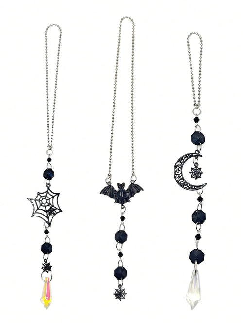 Halloween Gothic Car Rearview Mirror Hanging Ornament Black Moon Spider Web Crystal Suncatcher For Car Interior Decoration