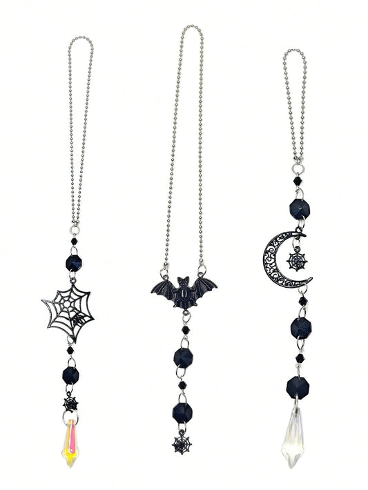 Halloween Gothic Car Rearview Mirror Hanging Ornament Black Moon Spider Web Crystal Suncatcher For Car Interior Decoration