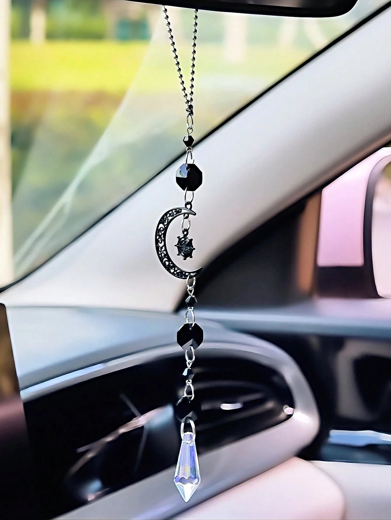 Halloween Gothic Car Rearview Mirror Hanging Ornament Black Moon Spider Web Crystal Suncatcher For Car Interior Decoration