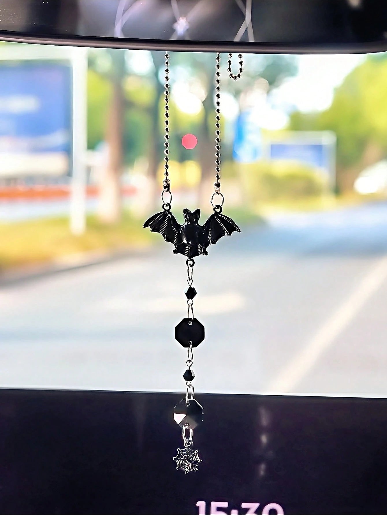 Halloween Gothic Car Rearview Mirror Hanging Ornament Black Moon Spider Web Crystal Suncatcher For Car Interior Decoration