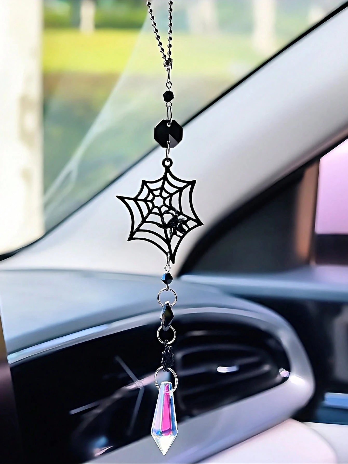 Halloween Gothic Car Rearview Mirror Hanging Ornament Black Moon Spider Web Crystal Suncatcher For Car Interior Decoration