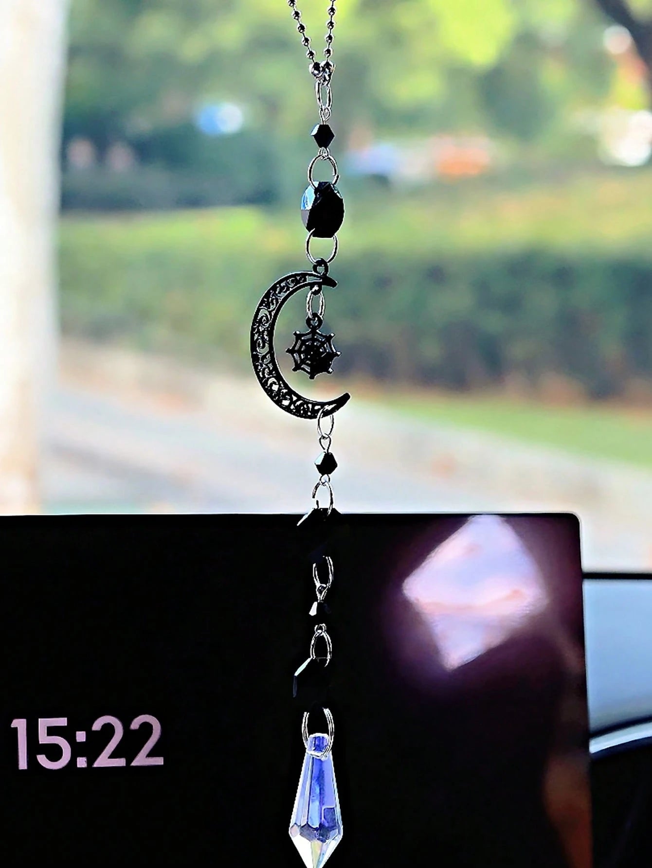 Halloween Gothic Car Rearview Mirror Hanging Ornament Black Moon Spider Web Crystal Suncatcher For Car Interior Decoration