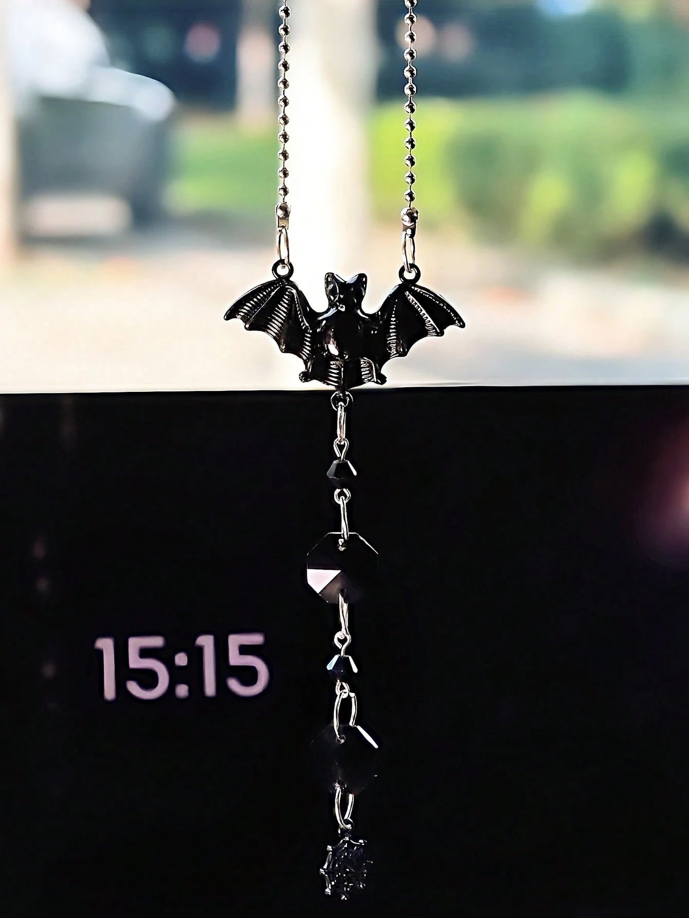 Halloween Gothic Car Rearview Mirror Hanging Ornament Black Moon Spider Web Crystal Suncatcher For Car Interior Decoration