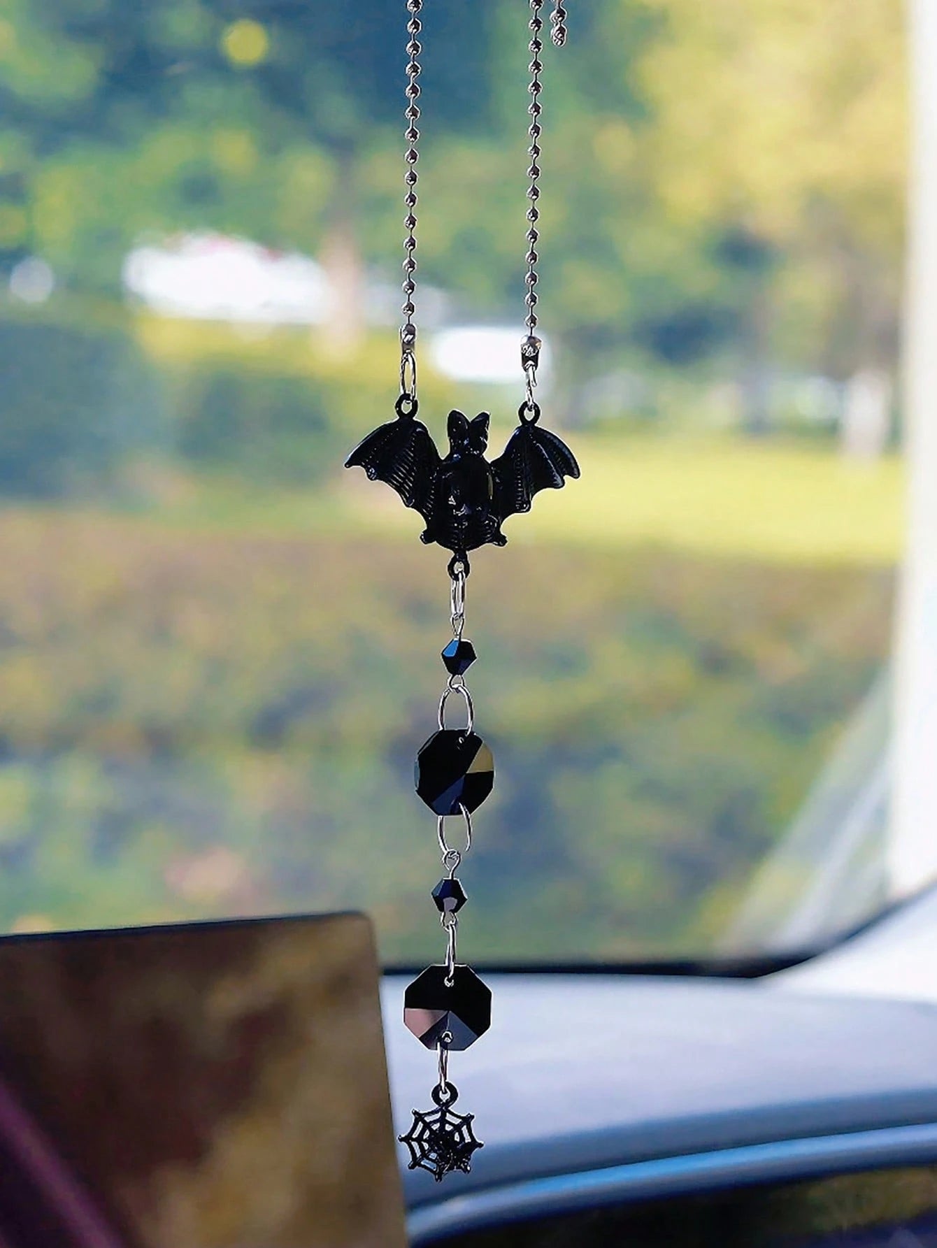 Halloween Gothic Car Rearview Mirror Hanging Ornament Black Moon Spider Web Crystal Suncatcher For Car Interior Decoration