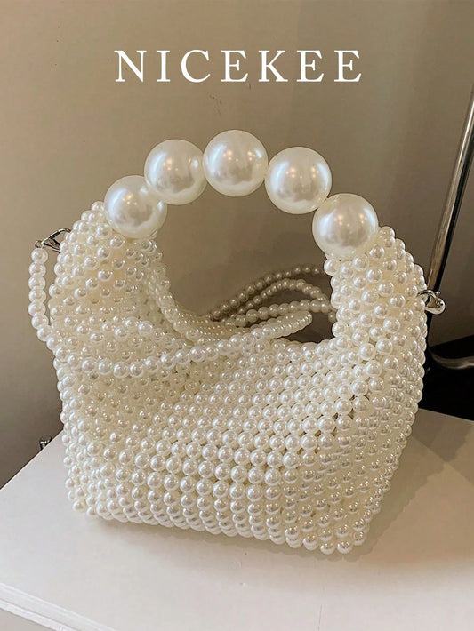 Handmade Woven Women's Evening Bag, French Retro Fairy Faux Pearl Bag, Large Capacity Handbag & Shoulder Bag, Suitable For Outings, Dates, Shopping, Daily Matching, Office, Commuting, Gifts And More O