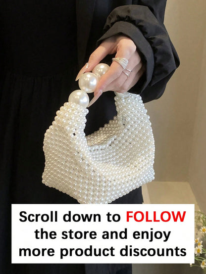 Handmade Woven Women's Evening Bag, French Retro Fairy Faux Pearl Bag, Large Capacity Handbag & Shoulder Bag, Suitable For Outings, Dates, Shopping, Daily Matching, Office, Commuting, Gifts And More O