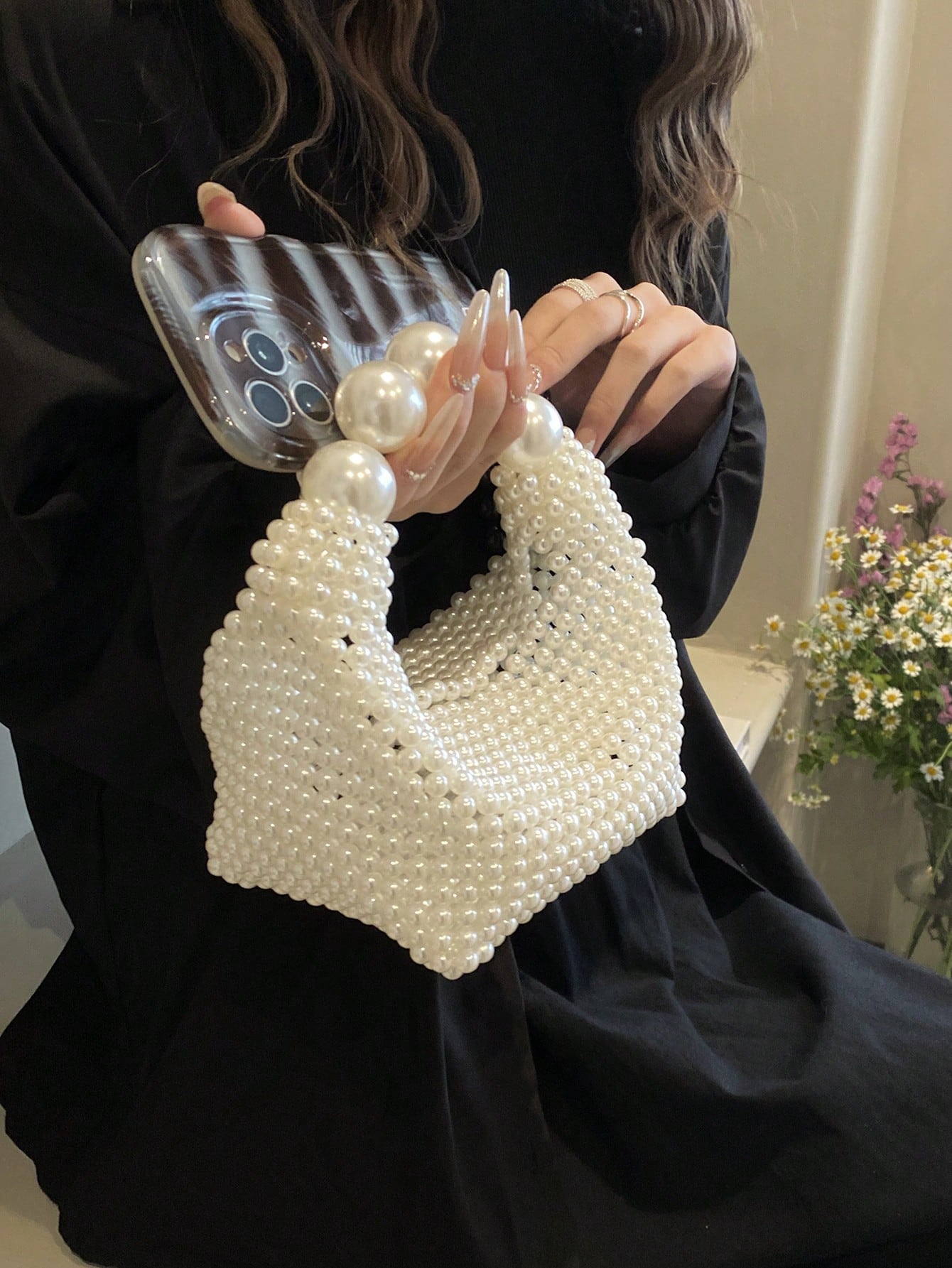 Handmade Woven Women's Evening Bag, French Retro Fairy Faux Pearl Bag, Large Capacity Handbag & Shoulder Bag, Suitable For Outings, Dates, Shopping, Daily Matching, Office, Commuting, Gifts And More O