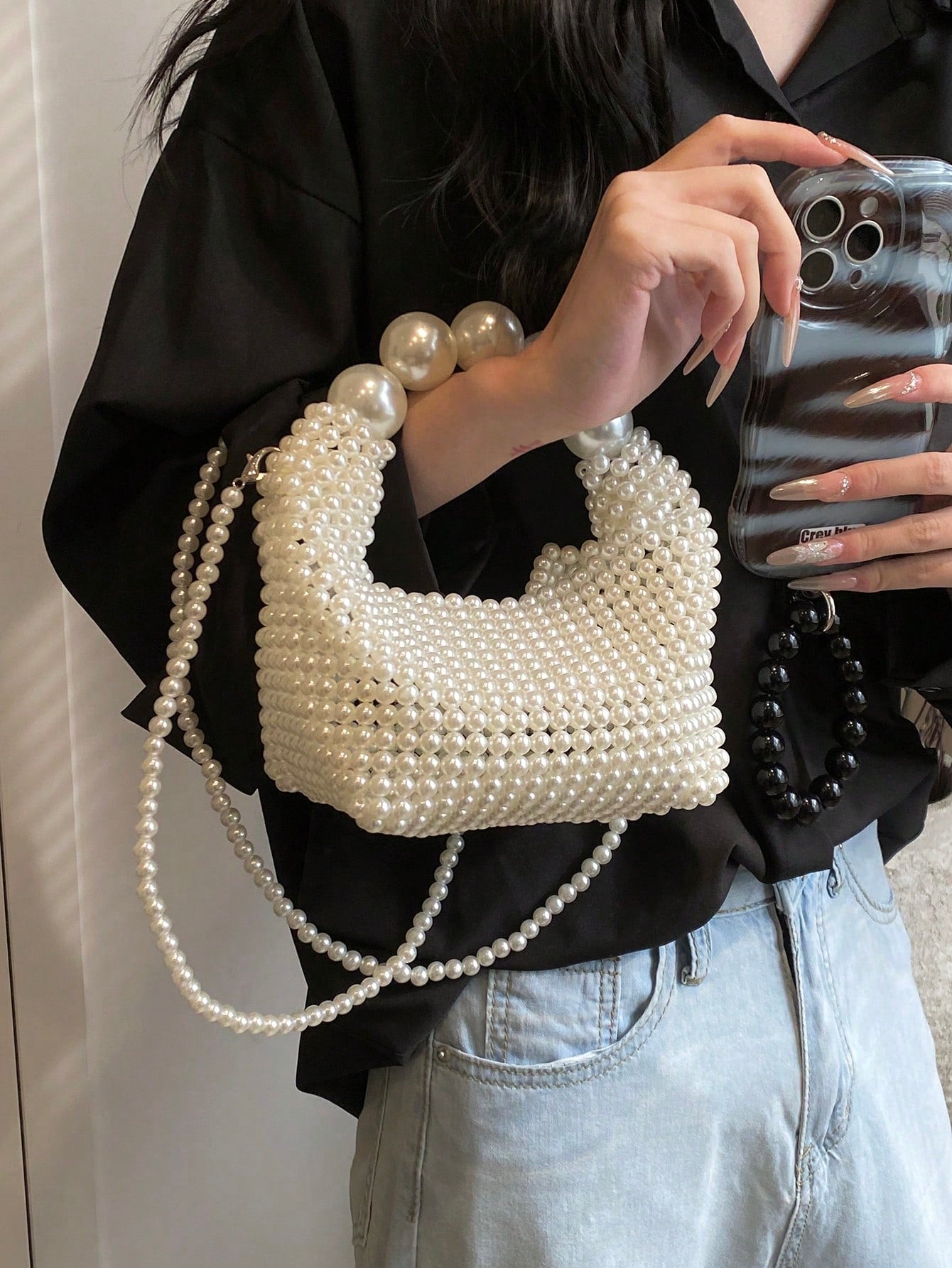 Handmade Woven Women's Evening Bag, French Retro Fairy Faux Pearl Bag, Large Capacity Handbag & Shoulder Bag, Suitable For Outings, Dates, Shopping, Daily Matching, Office, Commuting, Gifts And More O