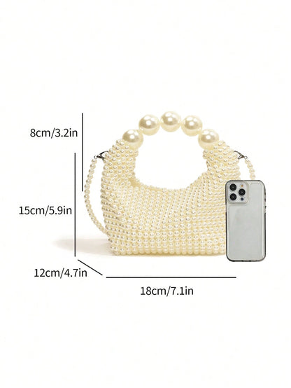 Handmade Woven Women's Evening Bag, French Retro Fairy Faux Pearl Bag, Large Capacity Handbag & Shoulder Bag, Suitable For Outings, Dates, Shopping, Daily Matching, Office, Commuting, Gifts And More O