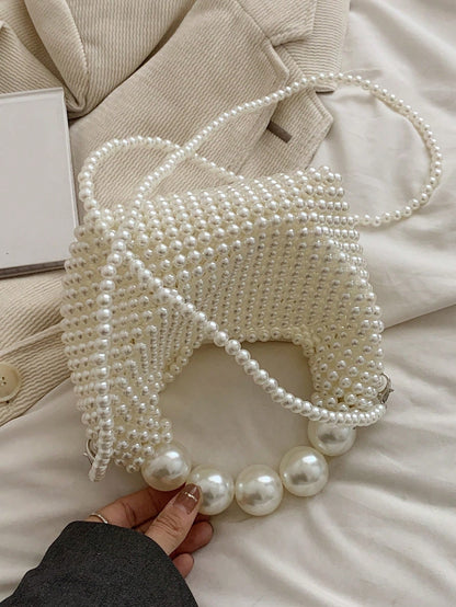 Handmade Woven Women's Evening Bag, French Retro Fairy Faux Pearl Bag, Large Capacity Handbag & Shoulder Bag, Suitable For Outings, Dates, Shopping, Daily Matching, Office, Commuting, Gifts And More O
