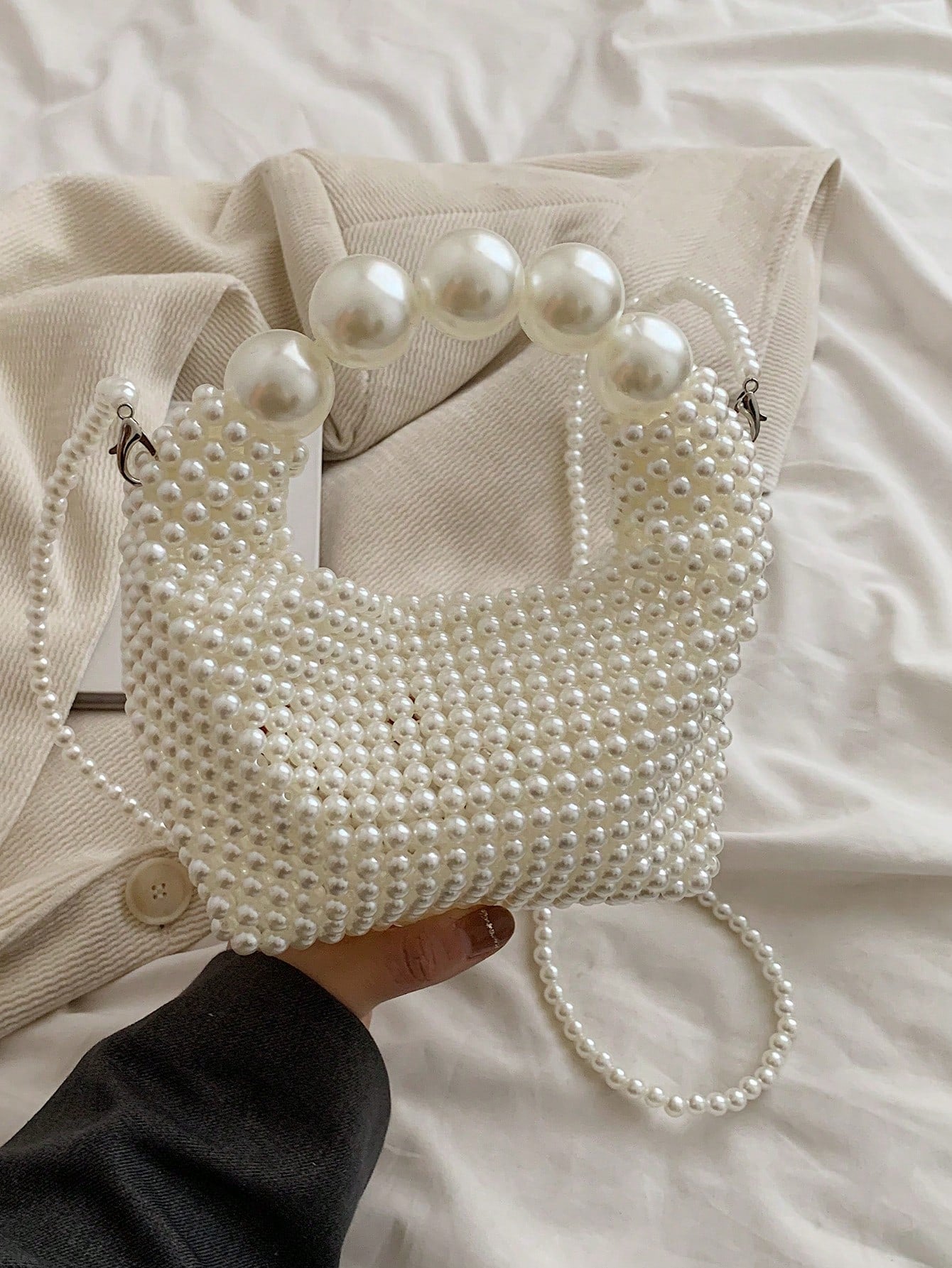 Handmade Woven Women's Evening Bag, French Retro Fairy Faux Pearl Bag, Large Capacity Handbag & Shoulder Bag, Suitable For Outings, Dates, Shopping, Daily Matching, Office, Commuting, Gifts And More O