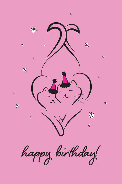 Happy birthday card with two cats in party hats inside a heart on a pink background.
