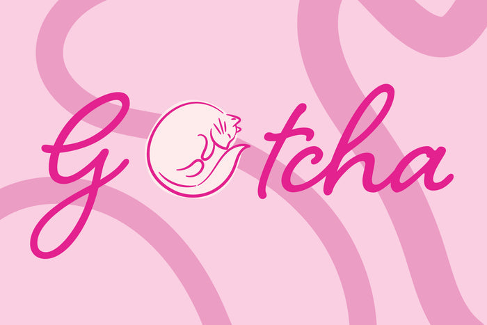 Gotcha logo on a pink background with wavy patterns