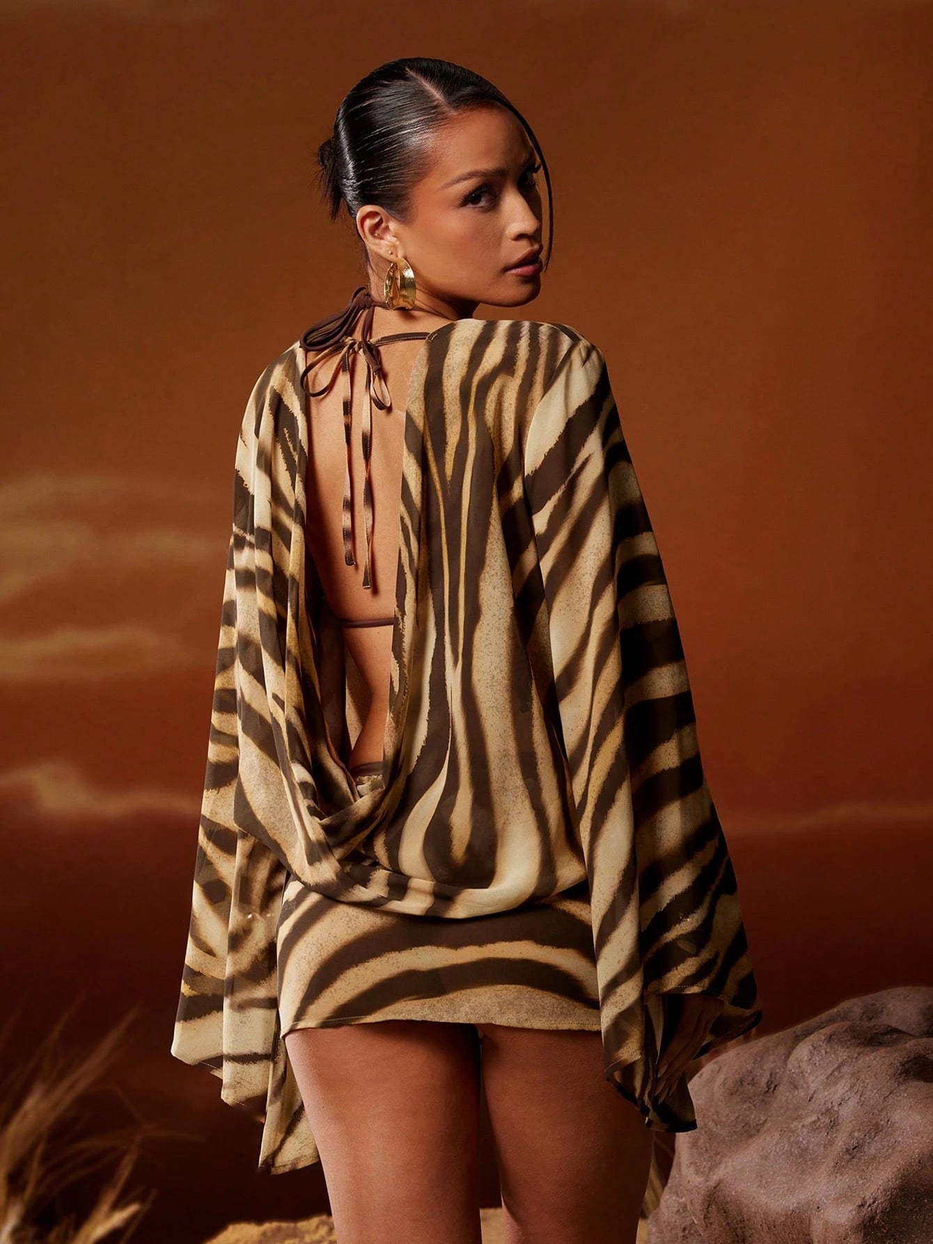 Hauture Black,Summer,Casual,Holiday,Vacation,Holiday Zebra Print Fluid Silhouette Cover-Up Dress,Exaggerated Bell Sleeves Breathable Beach To Bar Swimwear