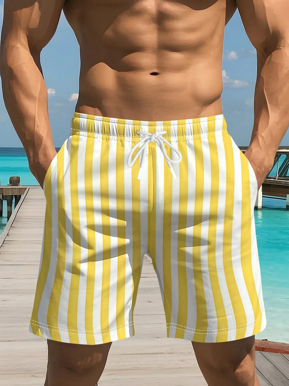 Hawaiian Style New Summer Men's Bright Yellow And Pure White Vertical Stripe Pattern Print Beach Shorts, Versatile Casual Sport Shorts For Seaside