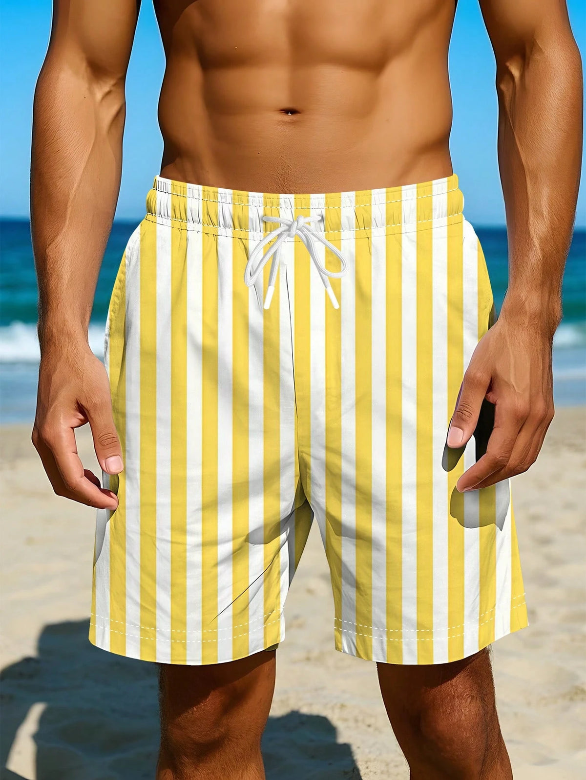 Hawaiian Style New Summer Men's Bright Yellow And Pure White Vertical Stripe Pattern Print Beach Shorts, Versatile Casual Sport Shorts For Seaside