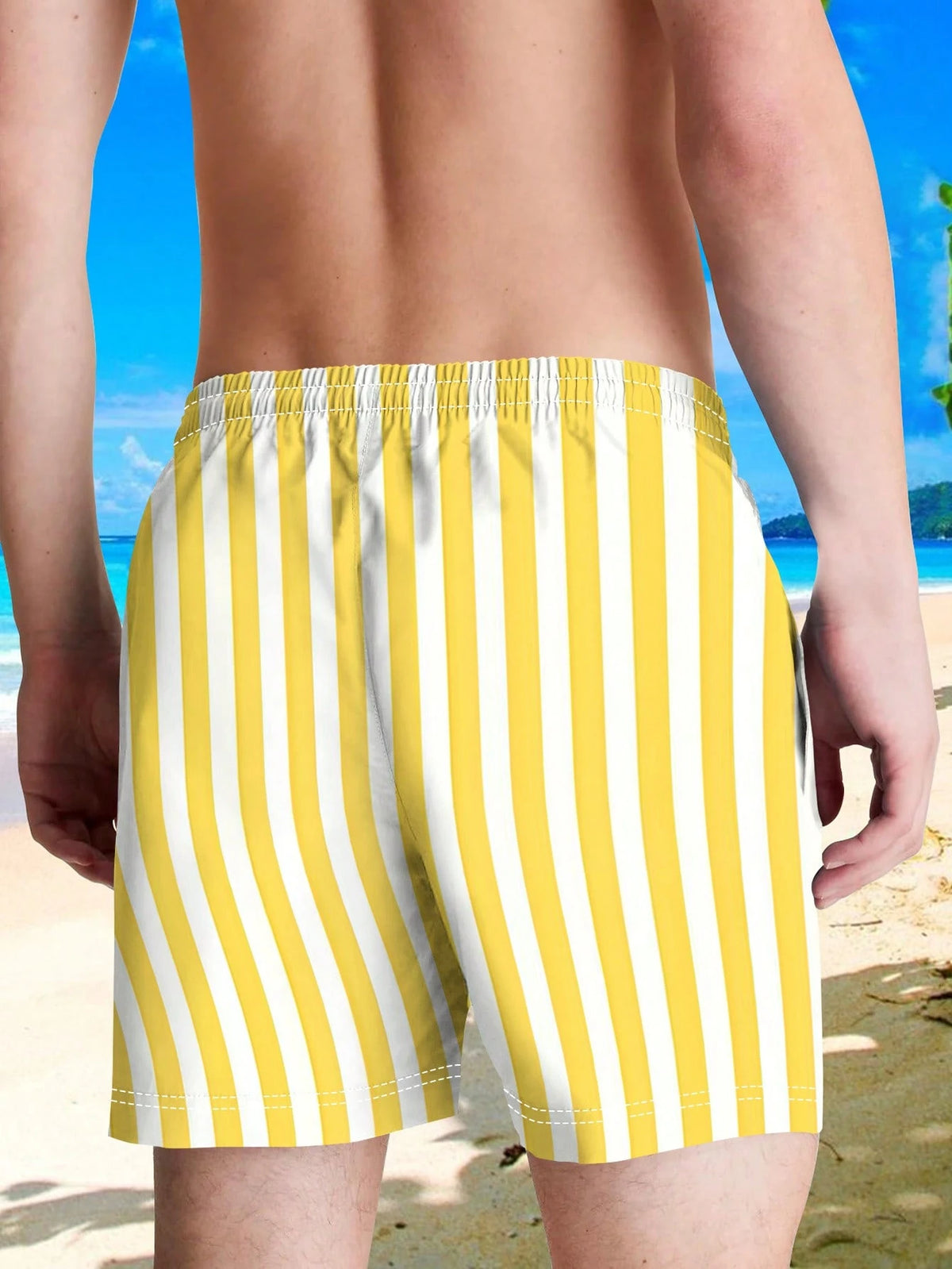 Hawaiian Style New Summer Men's Bright Yellow And Pure White Vertical Stripe Pattern Print Beach Shorts, Versatile Casual Sport Shorts For Seaside