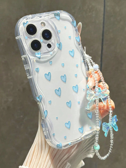 Heart Painted Flat Print Cream Wave Edge With Bracelet Simple Anti-Drop Thickened Phone Protective Case Print Suitable For Ip 17/Ip 17pro/Ip 17promax/Iphone16 XR/7/8 Iphone15Promax/12PROMAX/13PROMAX