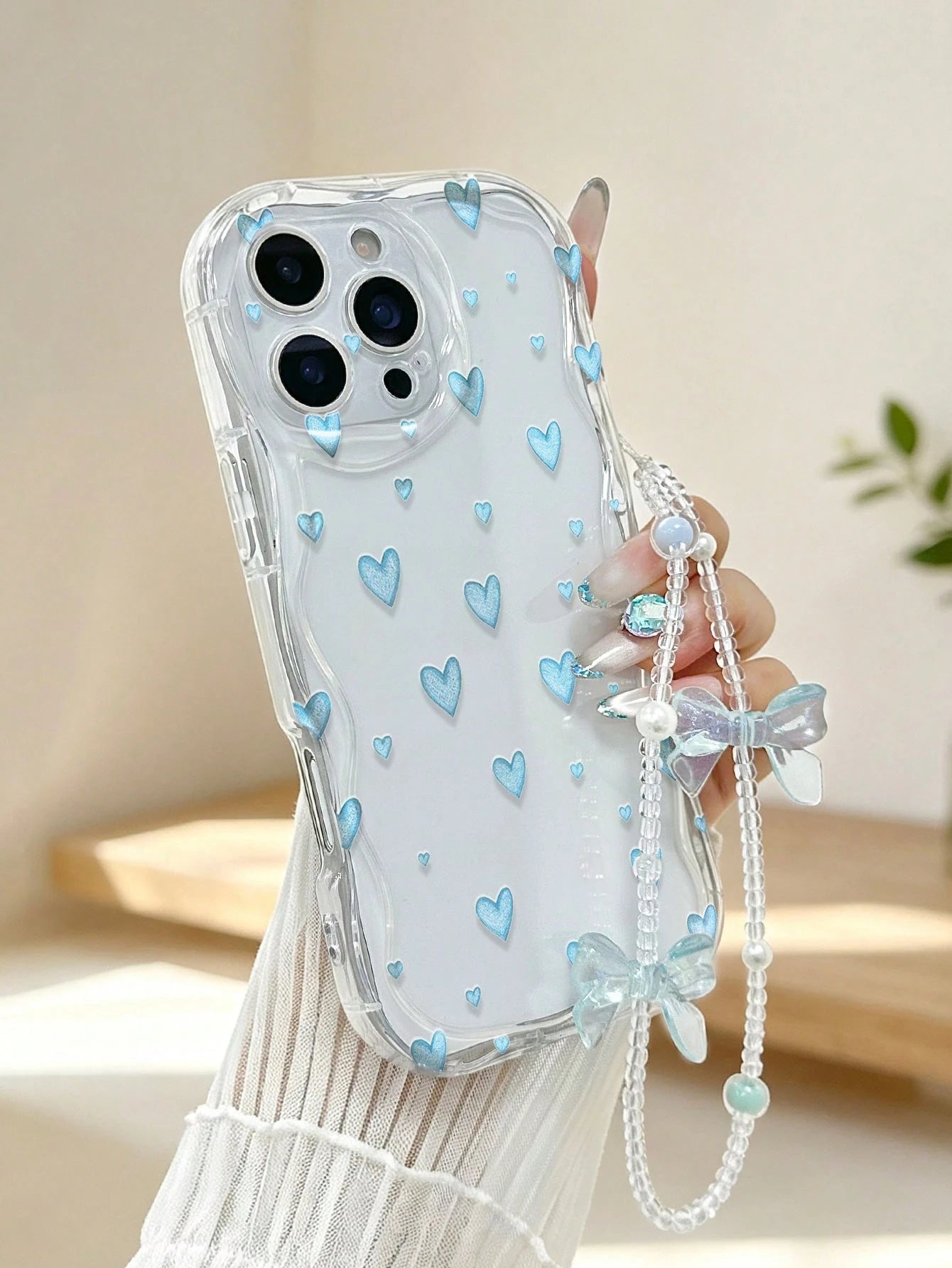 Heart Painted Flat Print Cream Wave Edge With Bracelet Simple Anti-Drop Thickened Phone Protective Case Print Suitable For Ip 17/Ip 17pro/Ip 17promax/Iphone16 XR/7/8 Iphone15Promax/12PROMAX/13PROMAX