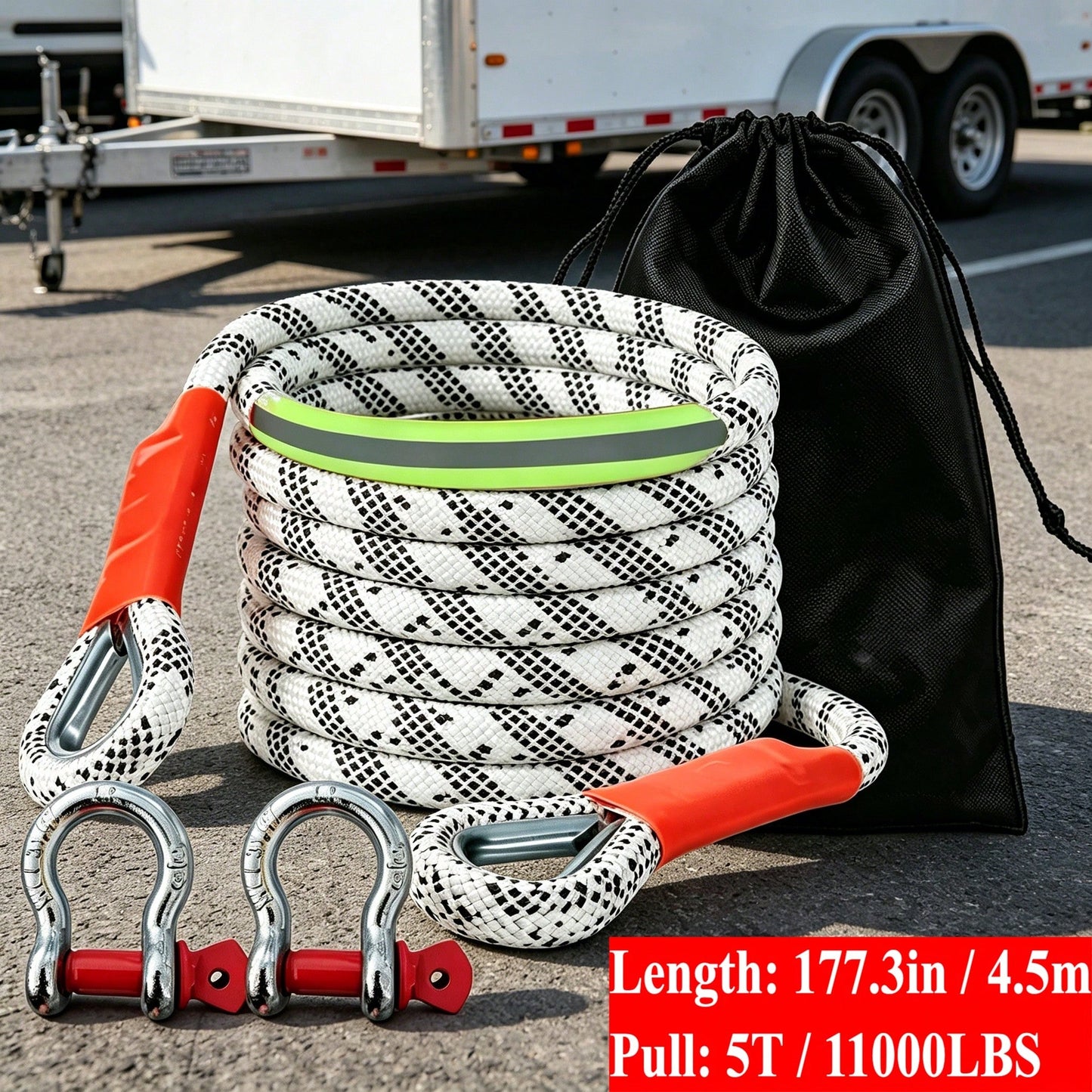 Heavy-Duty Tow Rope, 4.5 Meters/5 Tons (11,000 Lbs) High-Strength Nylon Dynamic Recovery Rope With Bow Buckle And Storage Bag, Suitable For Truck, SUV, And UTVATV Emergency Rescue.