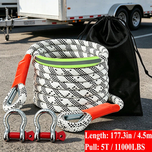Heavy-Duty Tow Rope, 4.5 Meters/5 Tons (11,000 Lbs) High-Strength Nylon Dynamic Recovery Rope With Bow Buckle And Storage Bag, Suitable For Truck, SUV, And UTVATV Emergency Rescue.