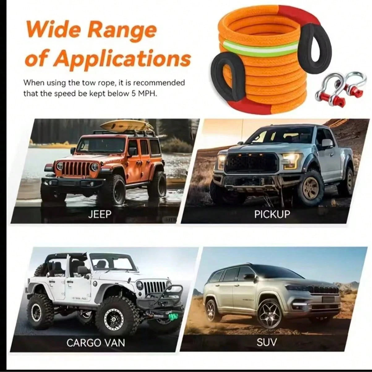 Heavy-Duty Tow Rope, 4.5 Meters/5 Tons (11,000 Lbs) High-Strength Nylon Dynamic Recovery Rope With Bow Buckle And Storage Bag, Suitable For Truck, SUV, And UTVATV Emergency Rescue.