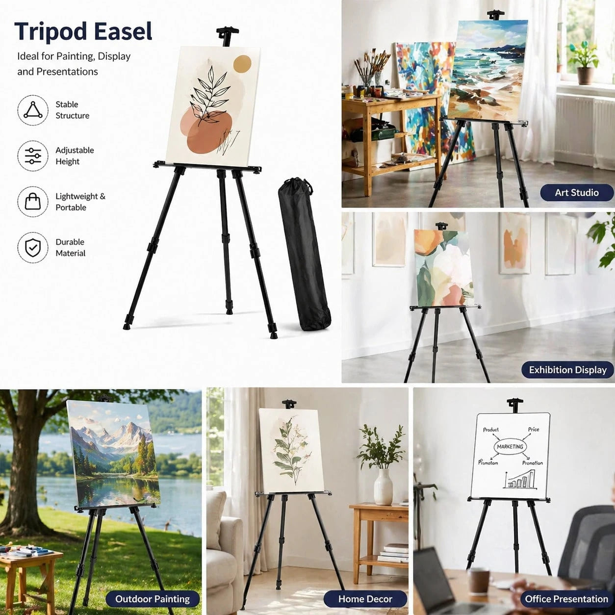 Height Adjustable Floor Metal Easel For Art Creation & Display