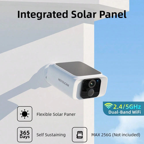 HEIYOUCAM 2K Solar Security Cameras Wireless Outdoor, 2.4Ghz&5Ghz WiFi Surveillance Outdoor Camera For Home Security With Embedded Solar Panel, Color Night Vision, 2-Way Talk, IP65 Waterproof, TF Card
