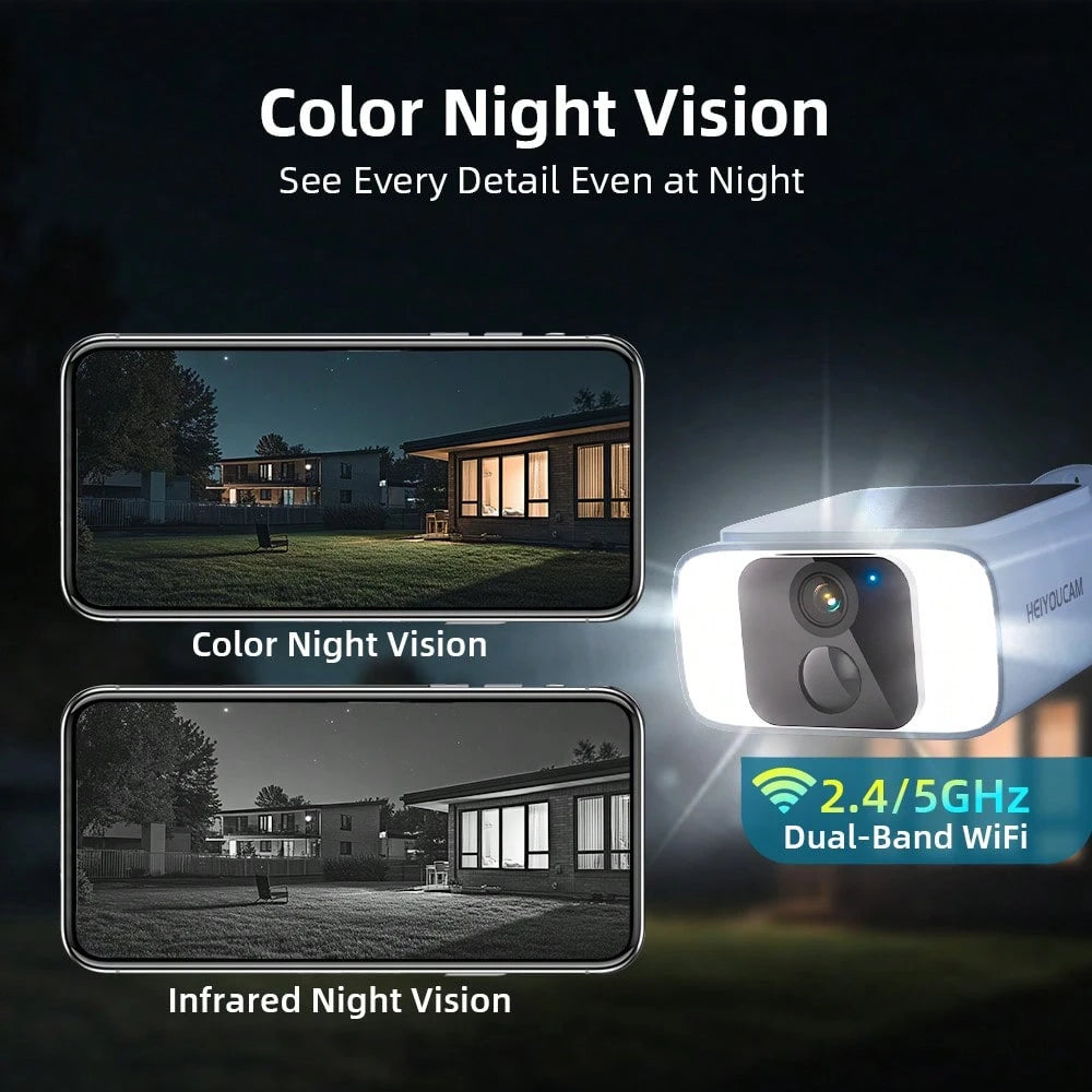 HEIYOUCAM 2K Solar Security Cameras Wireless Outdoor, 2.4Ghz&5Ghz WiFi Surveillance Outdoor Camera For Home Security With Embedded Solar Panel, Color Night Vision, 2-Way Talk, IP65 Waterproof, TF Card