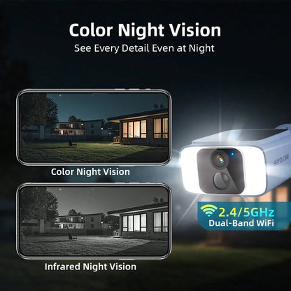 HEIYOUCAM 2K Solar Security Cameras Wireless Outdoor, 2.4Ghz&5Ghz WiFi Surveillance Outdoor Camera For Home Security With Embedded Solar Panel, Color Night Vision, 2-Way Talk, IP65 Waterproof, TF Card