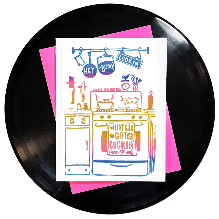 a block printed kitchen in a blue, pink & gold fade inspired by the song hey good lookin'.
